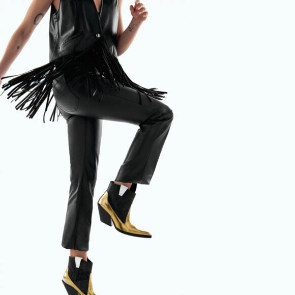 NWT Zara black & shiny gold faux leather cowboy ankle boot w/ black stitching - Picture 1 of 15